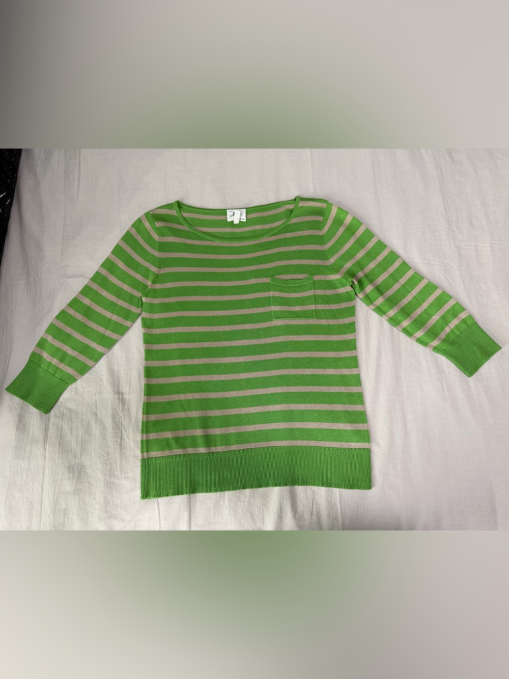 Milly of New York Green & Beige Striped Crew Neck Sweater, Size Medium
